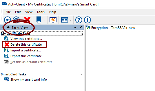 User Console Tasks View pane with Delete this certificate highlighted.